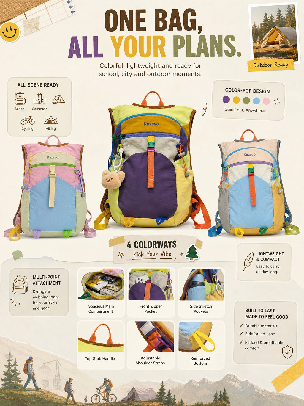 Kazevo Color Block Lightweight Water Resistant Hiking Backpack