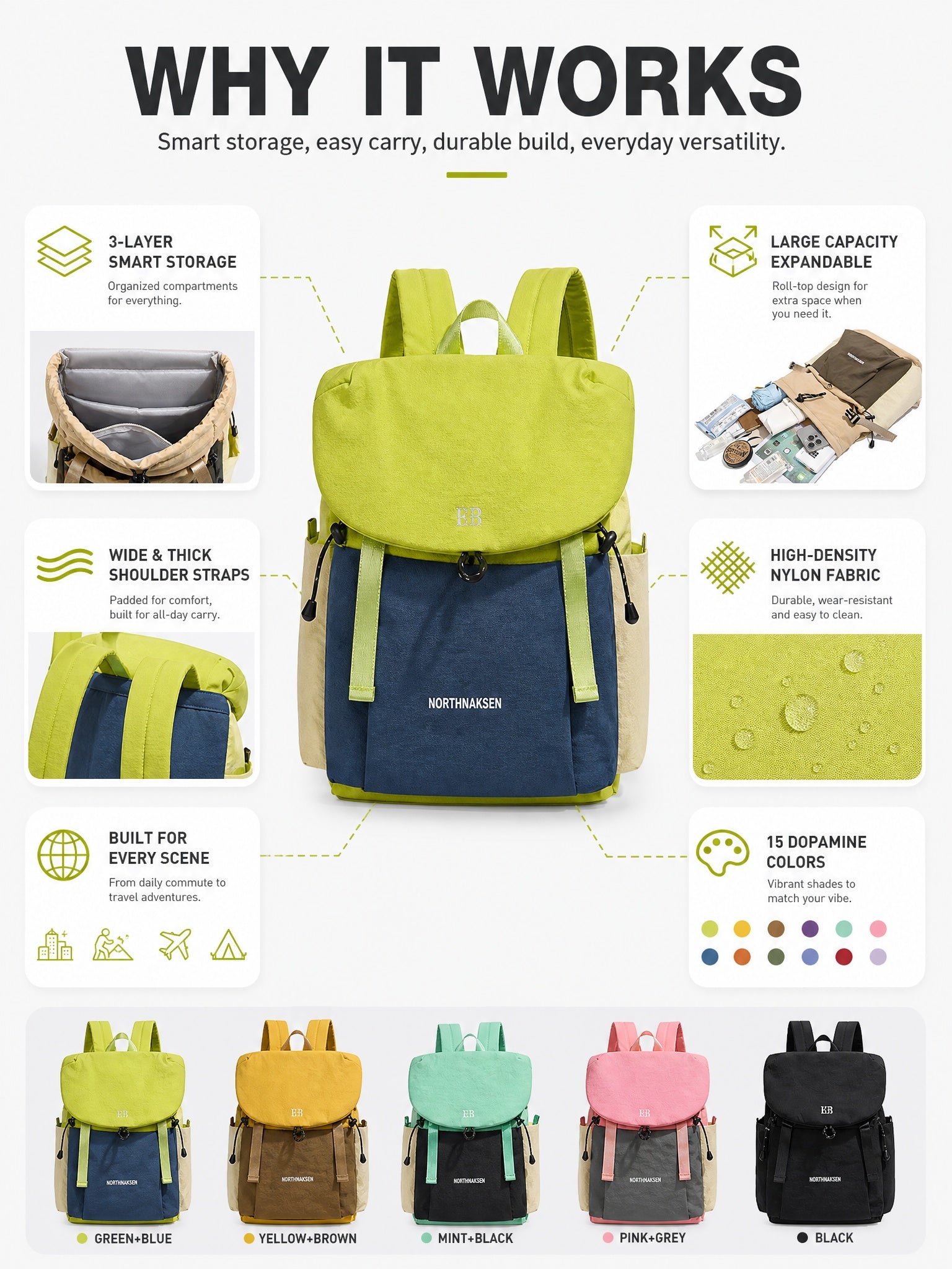 Kazevo Color Block Lightweight Water Resistant Hiking Backpack