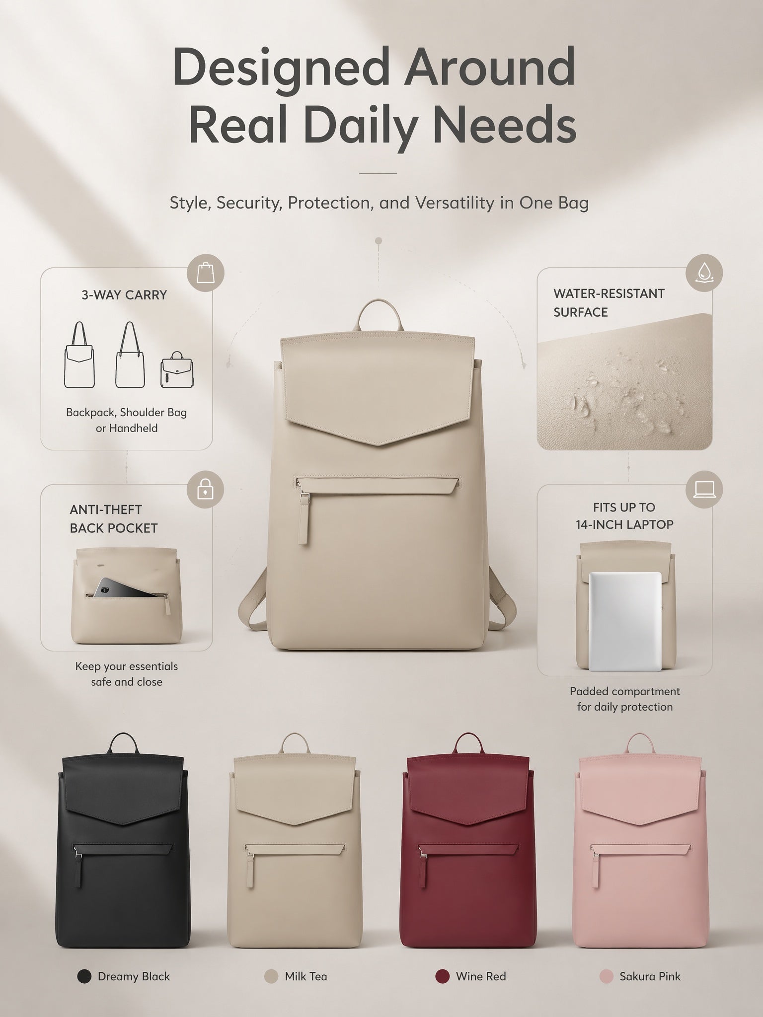 Waterproof Leather Women Laptop Backpack, Multi-Pocket Office Travel Backpack 14 Inch